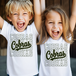 Jackson Heights Cobras Stacked Script Top in white on two kids