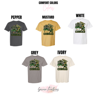 Jackson Heights Cobras Stadium Mascot Top Comfort Colors color options in pepper, mustard, white, grey, and ivory