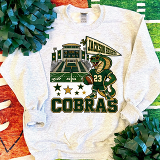 Jackson Heights Cobras Stadium Mascot Top flat lay showing the cobra mascot holding a football in front of the stadium scoreboard with a Jackson Heights pennant flag