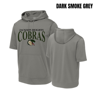 Jackson Heights Cobras Team Arch Fleece Short Sleeve Hooded Pullover in Dark Smoke Grey, front and back view
