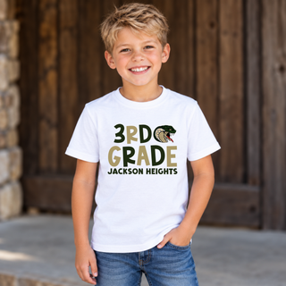 Child modeling Jackson Heights Cobras Third Grade Block Top in white with 3RD GRADE block lettering and cobra head icon