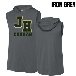 Jackson Heights Cobras Varsity Monogram Competitor Sleeveless Hoodie in Iron Grey with JH monogram and Cobras text