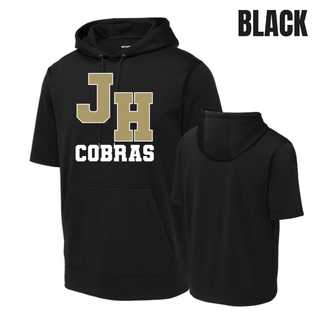 Jackson Heights Cobras Varsity Monogram Fleece Short Sleeve Hooded Pullover in Black with JH monogram and Cobras text