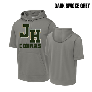 Jackson Heights Cobras Varsity Monogram Fleece Short Sleeve Hooded Pullover in Dark Smoke Grey with JH monogram and Cobras text