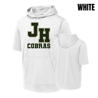 Jackson Heights Cobras Varsity Monogram Fleece Short Sleeve Hooded Pullover in White with JH monogram and Cobras text