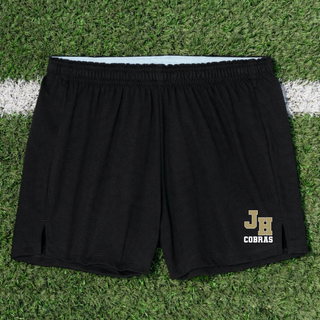 Jackson Heights Cobras Varsity Monogram Jersey Knit Squad Shorts in Black with JH monogram and Cobras text on the leg
