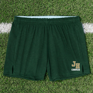 Jackson Heights Cobras Varsity Monogram Jersey Knit Squad Shorts in Forest Green with JH monogram and Cobras text on the leg