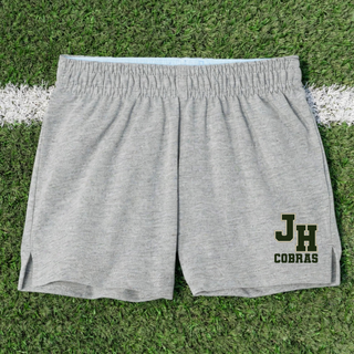 Jackson Heights Cobras Varsity Monogram Jersey Knit Squad Shorts in Heather Grey with JH monogram and Cobras text on the leg
