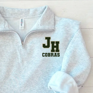 Jackson Heights Cobras Varsity Monogram NuBlend Fleece Quarter-Zip in Ash Grey with JH monogram and Cobras text closeup
