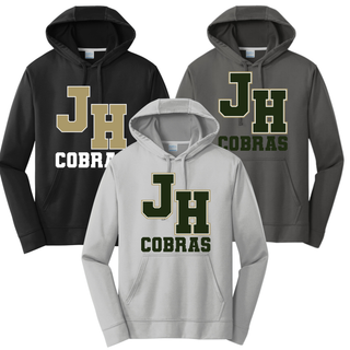 Jackson Heights Cobras Varsity Monogram Performance Fleece Hoodie in Black, Silver, and Charcoal