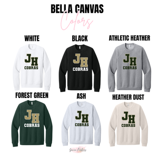 Jackson Heights Cobras Varsity Monogram Top Bella Canvas color options - white, black, athletic heather, forest green, ash, and heather dust