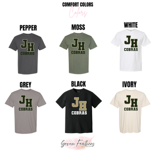 Jackson Heights Cobras Varsity Monogram Top Comfort Colors color options - pepper, moss, white, grey, black, and ivory