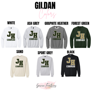 Jackson Heights Cobras Varsity Monogram Top Gildan color options - white, ash grey, graphite heather, forest green, sand, sport grey, and black