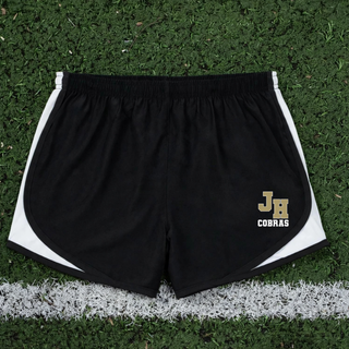 Jackson Heights Cobras Varsity Monogram Women's Cadence Performance Shorts in Black with white trim, JH monogram and Cobras text on the leg
