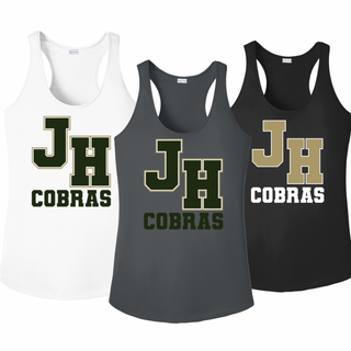 Jackson Heights Cobras Varsity Monogram Women's PosiCharge Racerback Tank in White, Iron Grey, and Black