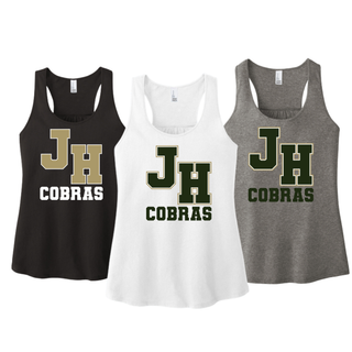 Jackson Heights Cobras Varsity Monogram Women's Racerback Tanks in Black, White, and Grey Frost