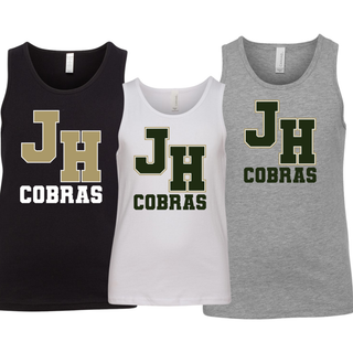 Jackson Heights Cobras Varsity Monogram Youth Jersey Tank in Black, White, and Athletic Heather Grey