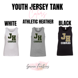 Jackson Heights Cobras Varsity Monogram Youth Jersey Tank in White, Athletic Heather Grey, and Black