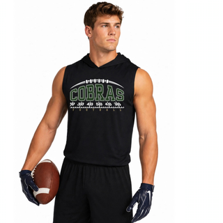 Male model wearing a black Jackson Heights Cobras Yard Line Competitor Sleeveless Hoodie