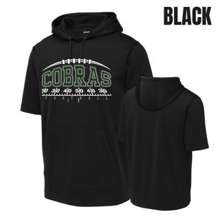 Black Jackson Heights Cobras Yard Line Fleece Short Sleeve Hooded Pullover shown from front and back