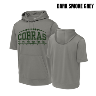 Dark smoke grey Jackson Heights Cobras Yard Line Fleece Short Sleeve Hooded Pullover shown from front and back