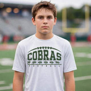 Youth model wearing a white Jackson Heights Cobras Yard Line Football Top