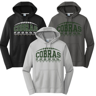 Jackson Heights Cobras Yard Line Performance Fleece Hoodies in black, silver, and charcoal