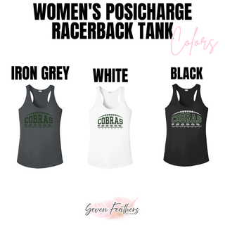 Jackson Heights Cobras Yard Line Women’s PosiCharge Racerback Tank color options in iron grey, white, and black