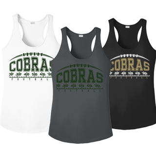 Jackson Heights Cobras Yard Line Women’s PosiCharge Racerback Tanks in white, iron grey, and black