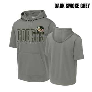 Jackson Heights Jr. Cobras Bold Outline Mascot Fleece Short Sleeve Hooded Pullover in dark smoke grey, front and back view