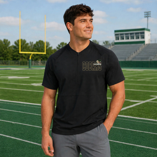 Jackson Heights Jr. Cobras Bold Outline Mascot Repeat Half-Zip Short Sleeve Jacket in black, front view on model