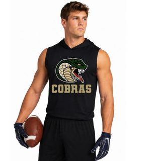 Jackson Heights Jr. Cobras Coiled Mascot Competitor Sleeveless Hoodie in Black worn by a model holding a football, coiled cobra mascot graphic on chest