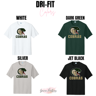 Jackson Heights Cobras Coiled Mascot Dri-Fit Performance Top color options: White, Dark Green, Silver, and Jet Black