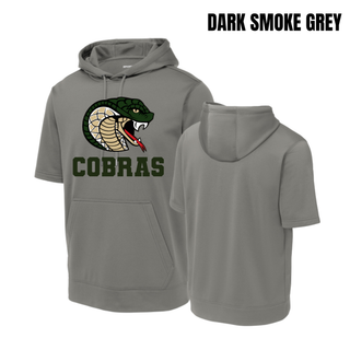 Jackson Heights Jr. Cobras Coiled Mascot Fleece Short Sleeve Hooded Pullover in Dark Smoke Grey, flat front and back view