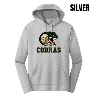 Jackson Heights Cobras Coiled Mascot Performance Fleece Hoodie in charcoal, front view