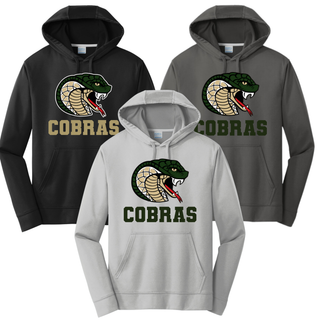 Jackson Heights Cobras Coiled Mascot Performance Fleece Hoodie in black, silver, and charcoal