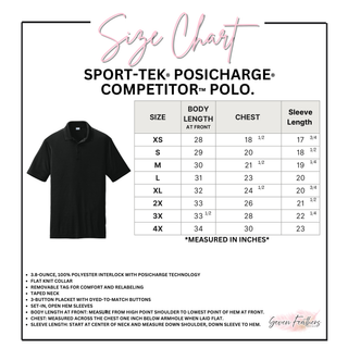 Size chart for the Jackson Heights Jr. Cobras Coiled Mascot PosiCharge Competitor Polo, adult XS through 4XL