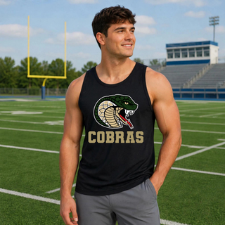 Jackson Heights Jr. Cobras Coiled Mascot PosiCharge Competitor Tank in Black worn by a model on a football field, coiled cobra mascot graphic on chest