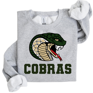 Jackson Heights Cobras Coiled Mascot Top in ash grey, flat lay crewneck sweatshirt