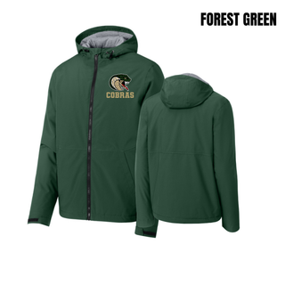 Jackson Heights Jr. Cobras Coiled Mascot Waterproof Insulated Jacket in Forest Green, flat front and back view