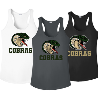 Jackson Heights Jr. Cobras Coiled Mascot Women's PosiCharge Racerback Tank shown in White, Iron Grey, and Black