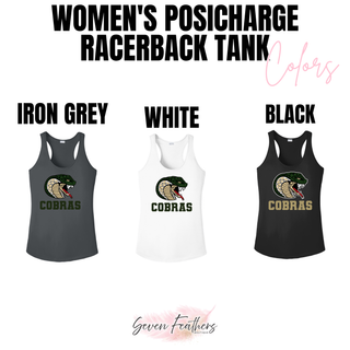 Jackson Heights Jr. Cobras Coiled Mascot Women's PosiCharge Racerback Tank shown in Iron Grey, White, and Black