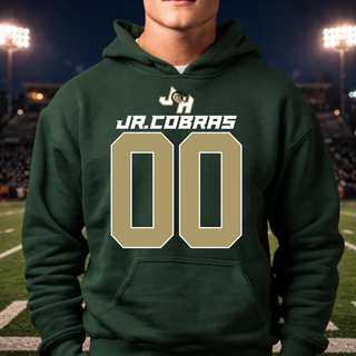 Model wearing a Forest Green Jackson Heights Jr. Cobras custom number football hoodie with number 00