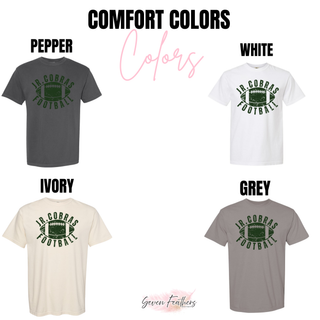 Jackson Heights Jr. Cobras Distressed Football Comfort Colors tops in pepper, white, ivory, and grey