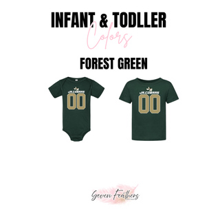 Jackson Heights Jr. Cobras custom number Forest Green infant onesie and toddler tee options