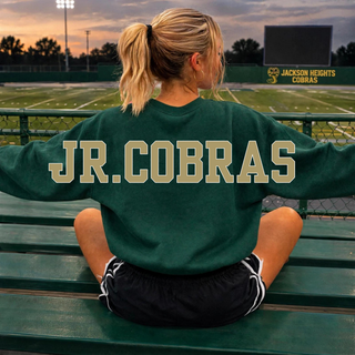 Back of Jackson Heights Jr. Cobras Forest Green oversized crewneck with large JR. COBRAS lettering