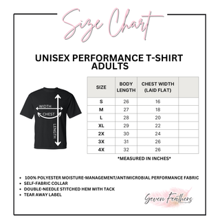 Adult unisex performance top size chart with body length and chest width measurements