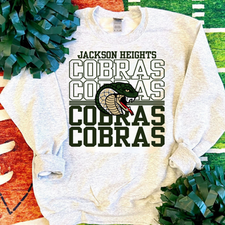 Jackson Heights Cobras Stacked Logo Top in Ash Grey, flat lay crewneck sweatshirt