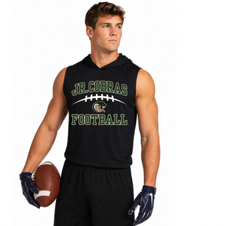 Male model wearing a black Jackson Heights Jr. Cobras Victory Arch Competitor sleeveless hoodie