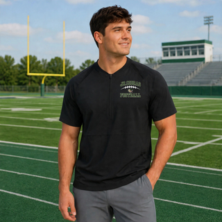 Male model wearing a black Jackson Heights Jr. Cobras Victory Arch Repeat half-zip short sleeve jacket